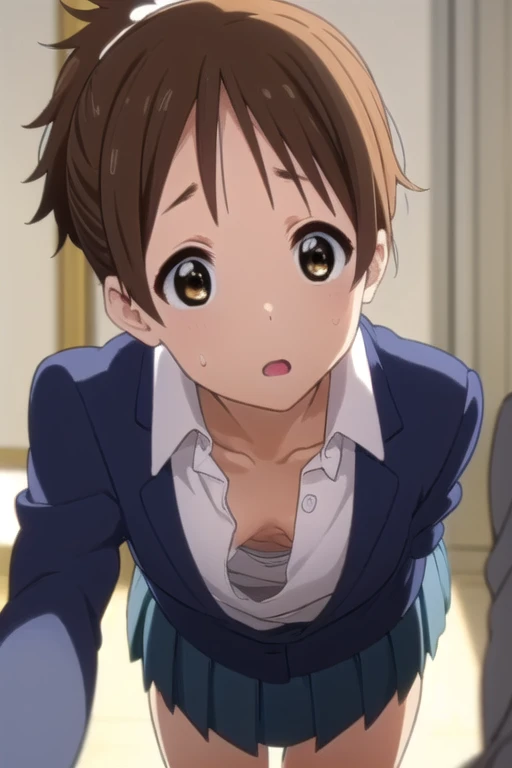 Happenings, surprise, nsfw, Cleavage, Sweat, Konui Hirazawa, Yu Hirasawa, short hair, Brown Hair, (Brown eyes:1.5), ponytail,
sakuragaoka high , , uniform, blazer, shirt, white shirt, collared shirt, skirt, pleated skirt,indoors, classroom,looking at viewer, (Cowboy Shot:1.5),(masterpiece:1.2), highest quality, High resolution, unity 8k wallpaper, (figure:0.8), (Beautiful fine details:1.6), Highly detailed face, Perfect lighting, Highly detailed CG, (Perfect hands, Perfect Anatomy),