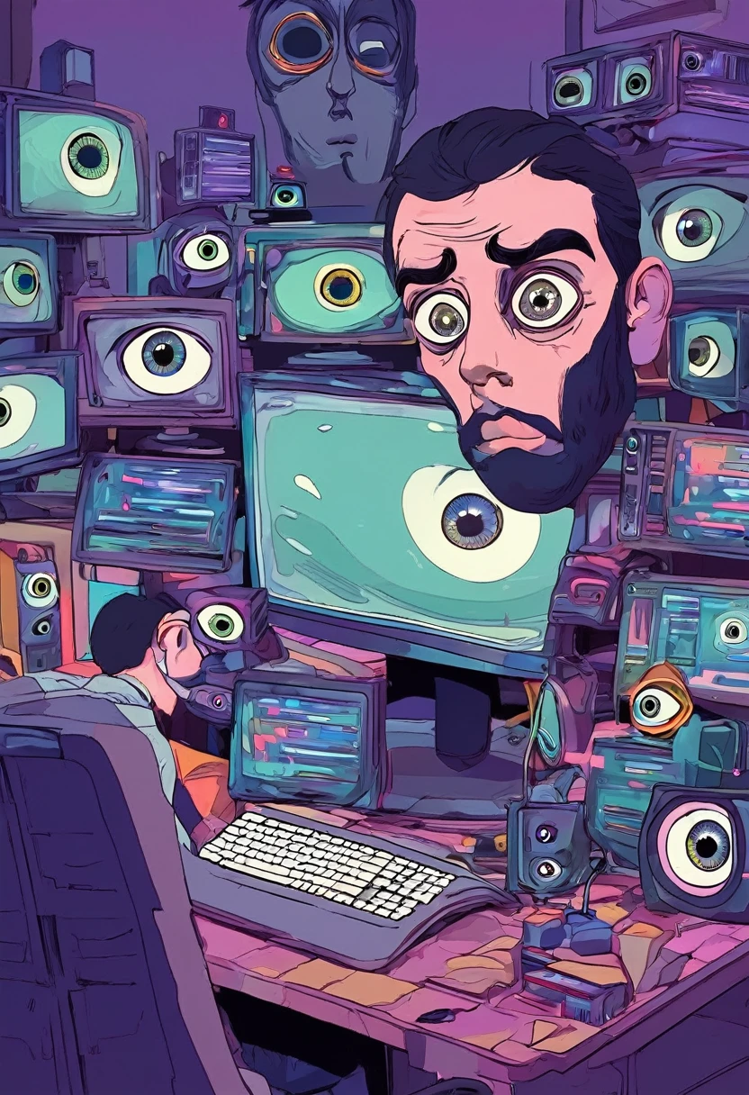 Man with wide eyes in front of computer