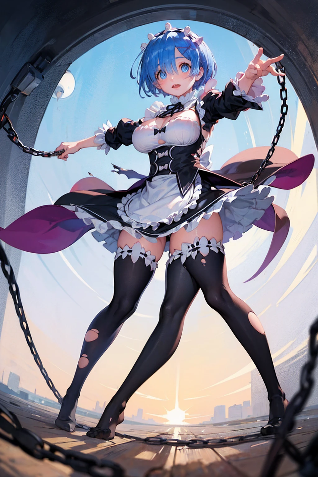 Plump、Show your pants、Fighting Pose、Weapons Morningstar、((Underground Prison))、((The floor beneath my feet is crumbling))、((((Rem in chains)))),(((((Fisheye Lens)))))、((((Super huge breasts))))、(((Plump thighs)))、(((Rem from Re:Zero)))、looking at the camera、High qualityHigh quality、8ｋ、(((((Full body description)))))、Chest、Fantastic、(((((Torn maid uniform)))))、looking at the cameraで、barefoot、(((Tall Rem)))、Sweat splashes、Clothes are ripped off,(Torn knee-high socks)、