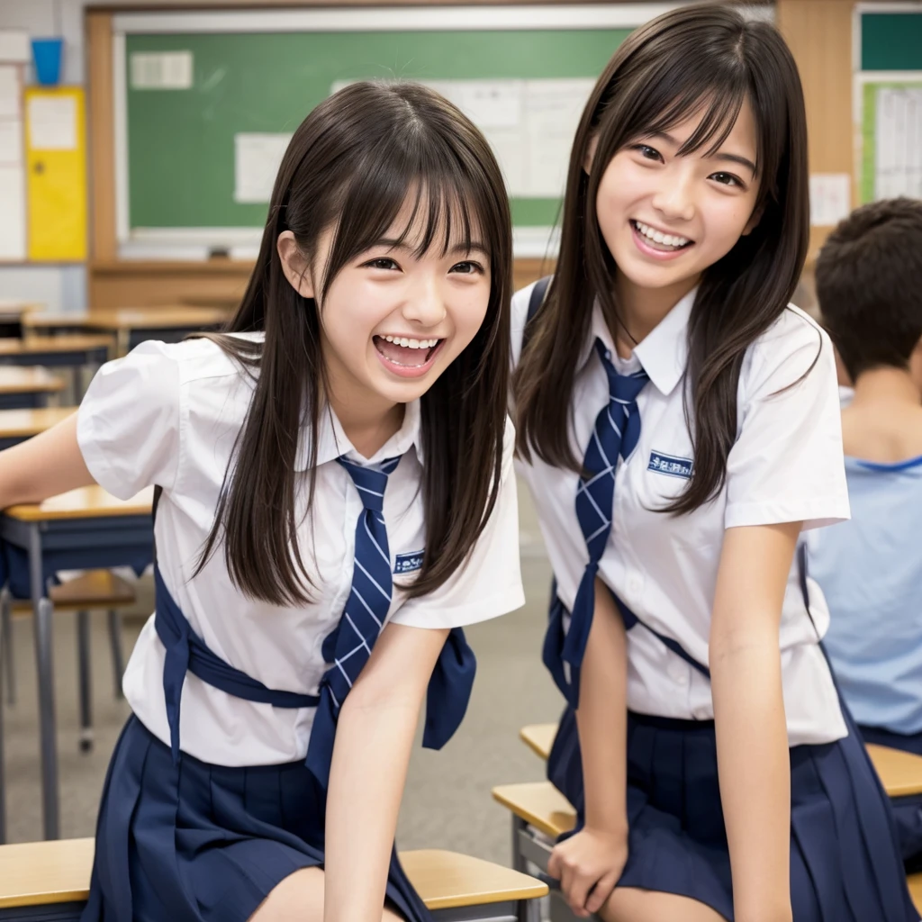 Laughing Japanese high school girl、classroom、、masterpiece, Highest quality, Photorealistic、Laugh with your mouth wide open、Smiling at the camera