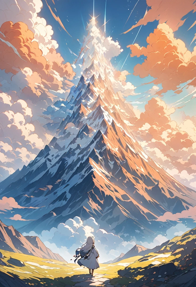 An angelic being without human affection, Creator of the Universe, myth, The background of the image is, Heavenly Mountain Scenario, Orange Clouds. The image style should be cartoon-like, With powerful and impressive strokes, 登場人物にはmythや天使の要素が加わっている