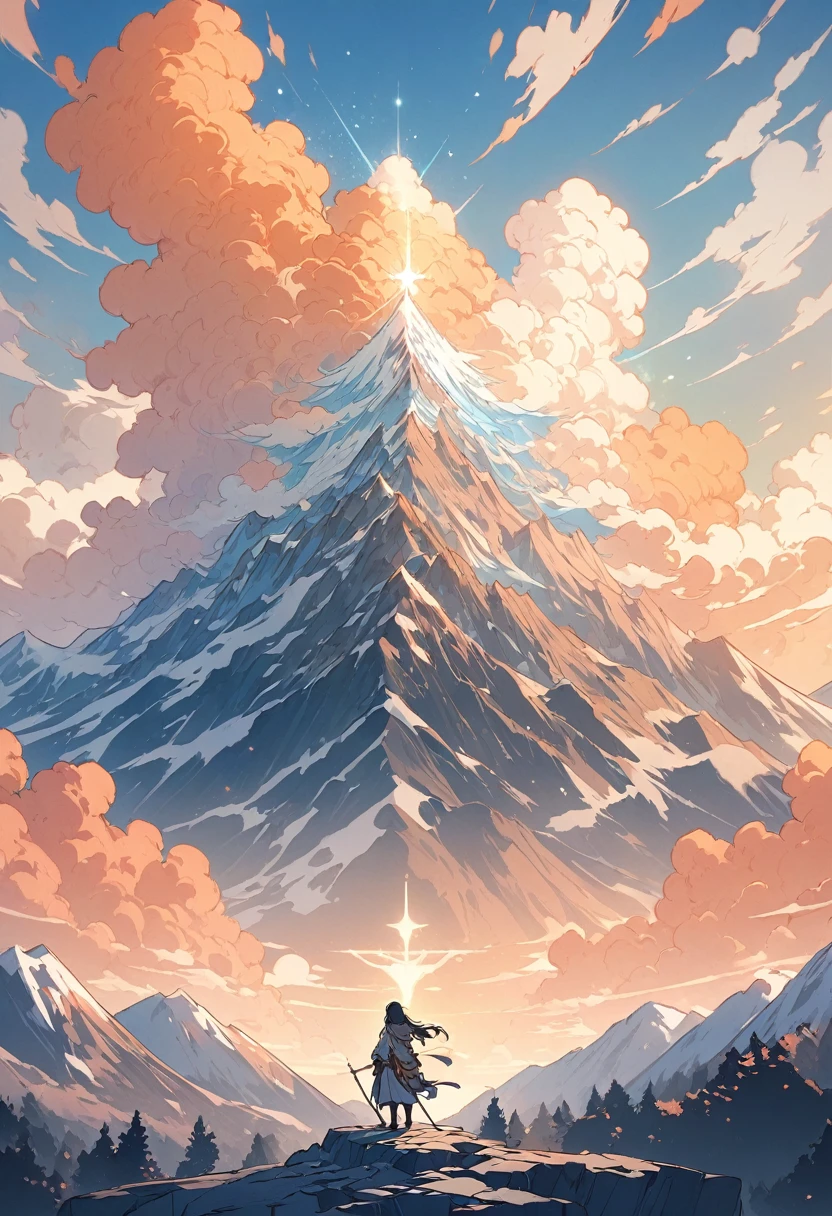 An angelic being without human affection, Creator of the Universe, myth, The background of the image is, Heavenly Mountain Scenario, Orange Clouds. The image style should be cartoon-like, With powerful and impressive strokes, 登場人物にはmythや天使の要素が加わっている