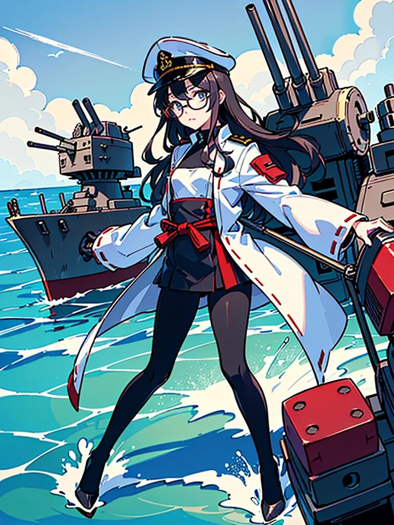 ((((Full body of a woman with perfect flat chest、Short, unkempt black hair、white military jacket、Miko costume、tights、Black glasses、White military cap、Cloudy eyes、Sleepy expression)))), (((masterpiece))), (((Shipgirl))), (Another woman hugging、Long purple hair、Messy Hair、Big Breasts、Miko costume), ((Floating on the morning sea with both feet)), (Spread your legs wide open), (Holding the baton in his right hand), (Mechanical arms extending from the waist are used to equip the ship with battleship equipment.), (Equipped with a turret on the back), (Holds the turret with his left arm), Torpedo tubes on thighs, Spreading the Machine&#39;s Wings, Machine tail,  shotgun, 
