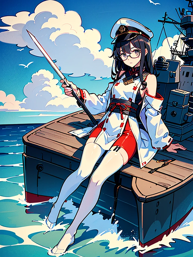 ((((Full body of a woman with perfect flat chest、Short, unkempt black hair、white military jacket、Miko costume、tights、Black glasses、White military cap、Cloudy eyes、Sleepy expression)))), (((masterpiece))), (((Shipgirl))), (Another woman hugging、Long purple hair、Messy Hair、Big Breasts、Miko costume), ((Floating on the morning sea with both feet)), (Spread your legs wide open), (Holding a spear in his right hand), (Mechanical arms extending from the waist are used to equip the ship with battleship equipment.), (Equipped with a turret on the back), (Holds the turret with his left arm), Torpedo tubes on thighs, Spreading the Machine&#39;s Wings, Machine tail,  shotgun, 