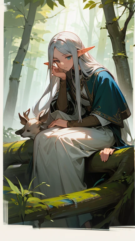 tall, male,long silver hair, elf, in a forest sitting on a log and petting a deer as it rains