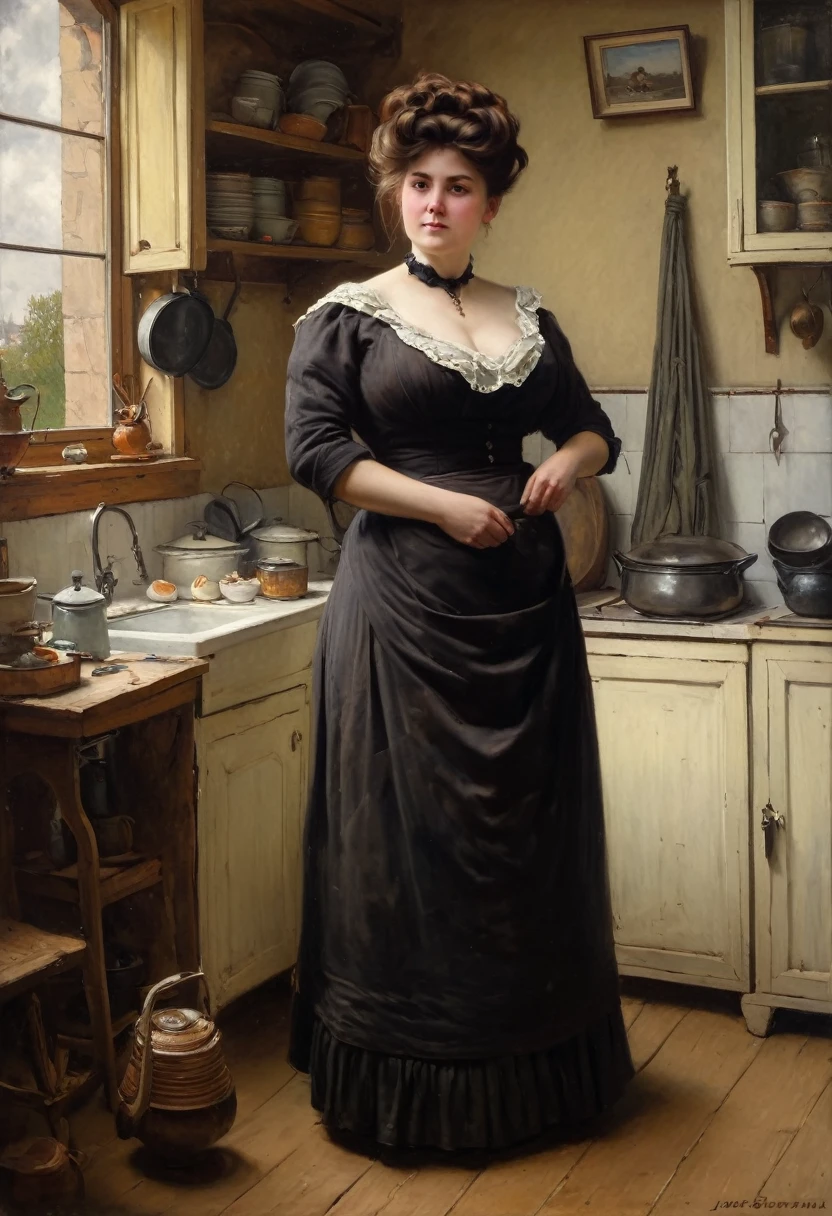 Full body shot of A voluptuous buxom pretty 1880 western frontier farmwife widow standing in front of a window in her kitchen, updo hairstyle , brown hair, by Jean Béraud, inspired by Jean Béraud, inspired by Édouard Detaille, edouard leon cortes, inspired by Ivan Kramskoi, inspired by Jean-Louis-Ernest Meissonier, by Édouard Detaille, inspired by Paul Émile Chabas