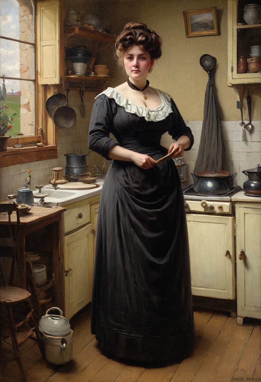 Full body shot of A voluptuous buxom pretty 1880 western frontier farmwife widow standing in front of a window in her kitchen, updo hairstyle , brown hair, by Jean Béraud, inspired by Jean Béraud, inspired by Édouard Detaille, edouard leon cortes, inspired by Ivan Kramskoi, inspired by Jean-Louis-Ernest Meissonier, by Édouard Detaille, inspired by Paul Émile Chabas