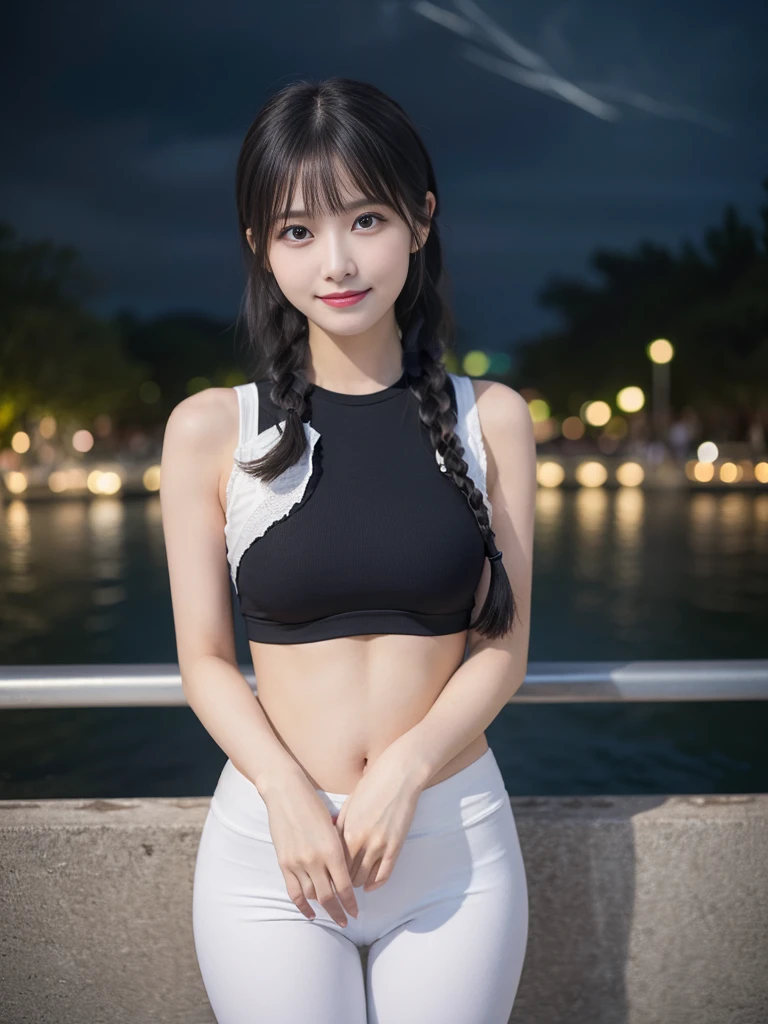 highest quality, masterpiece,1 girl , ,short, Big , Gray hair,Two low braids, Purple eyes, Yukinekris, Thin double braids,, Beach, Ocean, White dress, White dress, White dress , Straw hat, (((shy) ) ), (Happiness), summer, From above, Reaching out, smiling, Realistic photo, (A beautiful woman:1.33), beautiful expression, (delicate eyes:1.3), (delicate face:1.3 ) , Smile, (shiny hair:1.2), Super detailed , high resolution, Sporty figure, (big breasts:1.25), (long hair:1.2), (beautiful woman), ( Navel cute:1.2), (Depth of field f/1.8:1.45 ), sharp focus, original photo , (Thin black shirt:1.45), (Thin white pants:1.4), (Thin tight black pants:1.4 ), (sports bra:1.4), (Thick thighs:1.5), (Forward facing:1.25), (cowboy shots:1.4), (Night sports:1.4), (dark sky:1.5 ),
