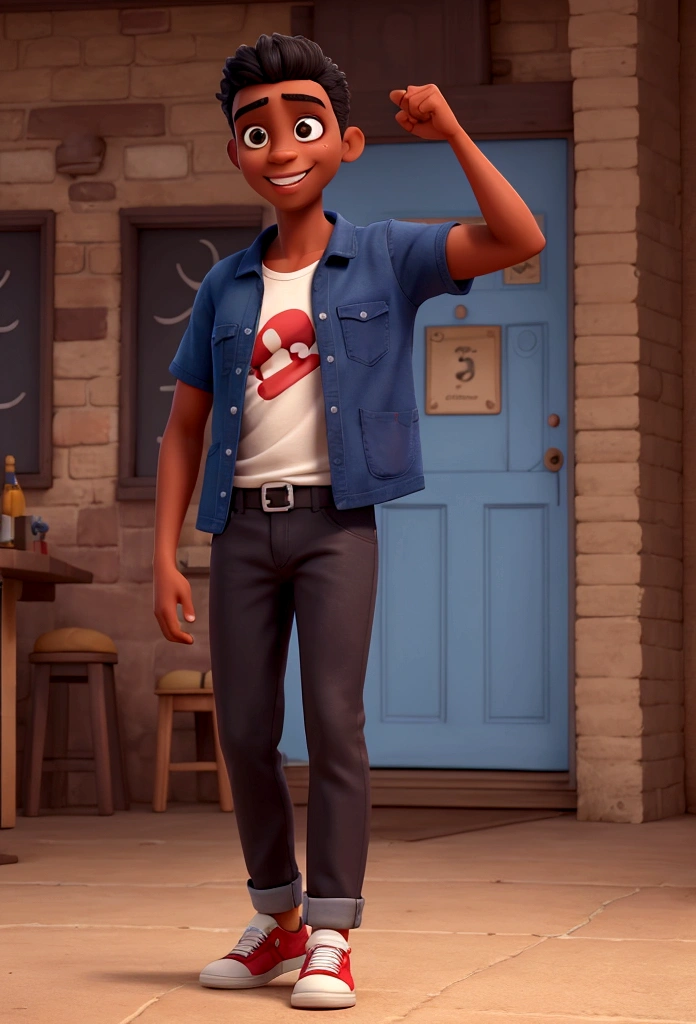 a man with dark skin, short black hair, tall, dancing, dressed in a t-shirt and jeans, very happy, dancing, with his arms up, holding a beer
disney style