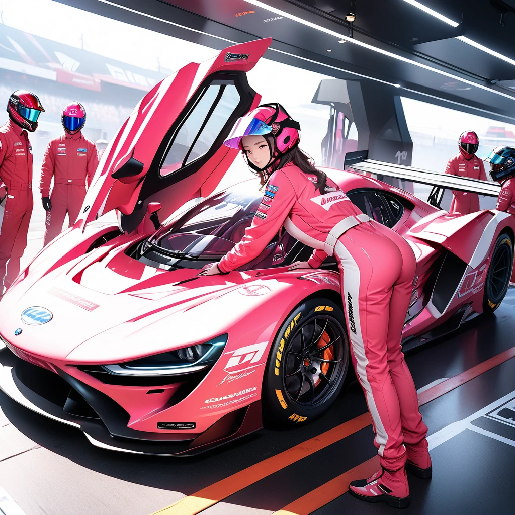 a highly detailed 
digital CG concept art of a futuristic racing car, 1girl in a pink racing suit and helmet, pit crew members in fireproof suits, changing tires and refueling, gull wing doors, two-tonecolor scheme of pink and white, sponsor logos, hologram effect on helmet visor, (best quality,4k,8k,highres,masterpiece:1.2),ultra-detailed,vivid colors,physically-based rendering,extreme detail description,professional