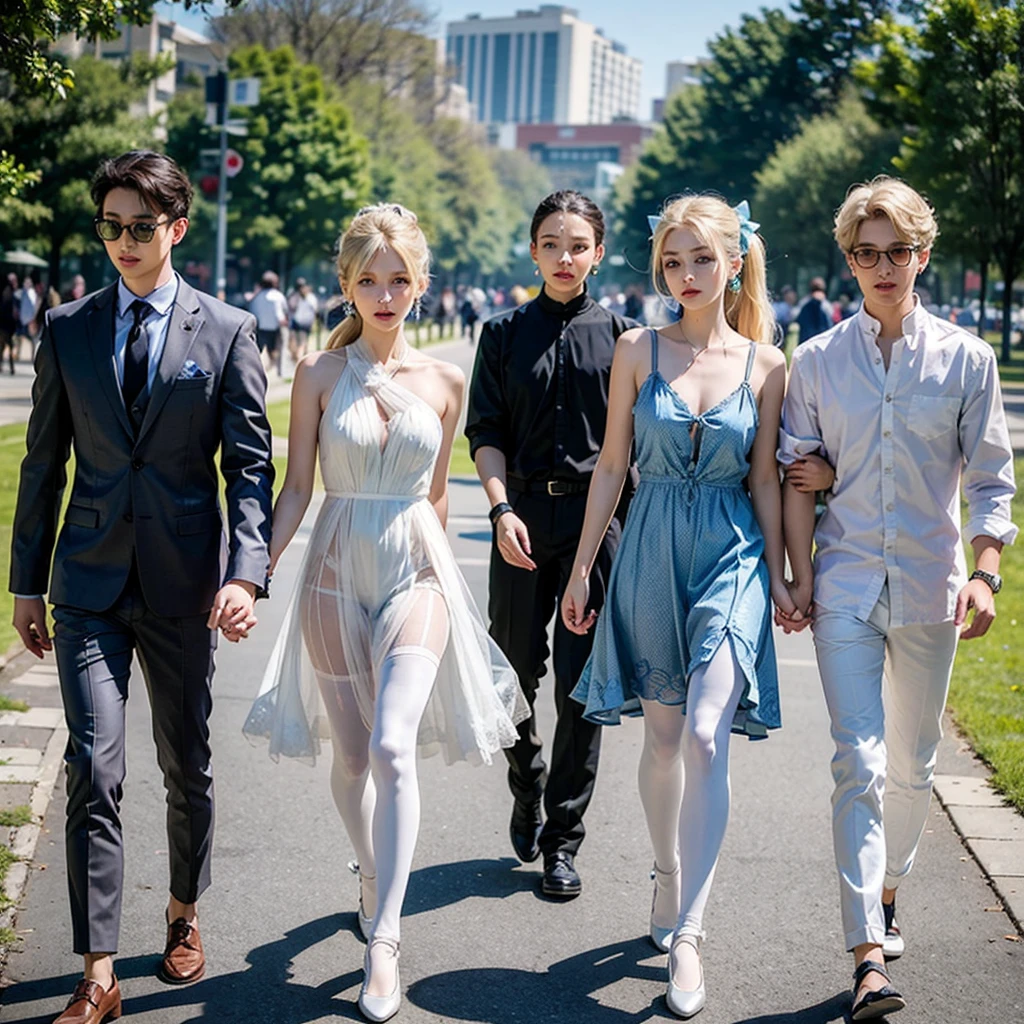 Four Various Age Boys In Colorful Kneelenght Dresses With FLOWERY Patterns, White hose And Ballet Flats, They long Blond Hairs Tied In Twin High Ponytails By Pretty Hair bows. They Have B Size Chest. They Ears Pierced By Pretty Earrings. They Walk Through the Park.