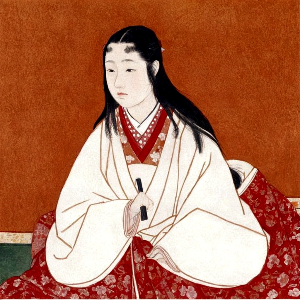 A painting of a woman sitting on a bed with a red blanket, by Kazumasa Miyagawa, by Shigenobu Yanagawa, by Takanobu Kano, by Kano Masanobu, by Flower Room One Long II, by Fujiwara Takanobu, by Sawa Sekkyō