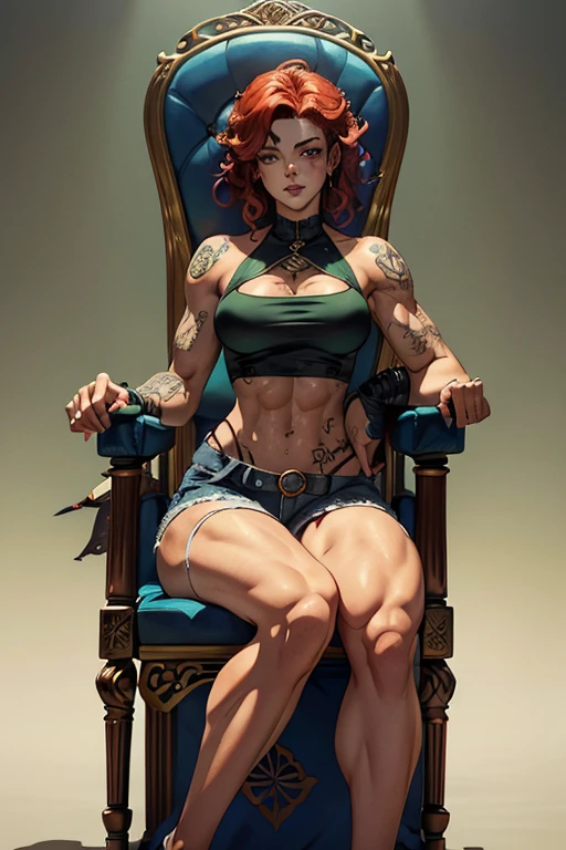 Red Head Girl with curly hair and tattoos of roses in shoulders and forearms,(((Full Body))) wearing blue top and ripped jeans, (((Sitting on a Throne))), sunglasses, carrying a katana. ((Sexy legs)) She has one eye of each color: Green on The light, blue on The left. Witch/Celtic wearstyle, in Brazil. The scene should be in Cinematic's distinctive real life style, focusing on the characters' expressions, colors naturals and detailed textures characteristic of the animations.