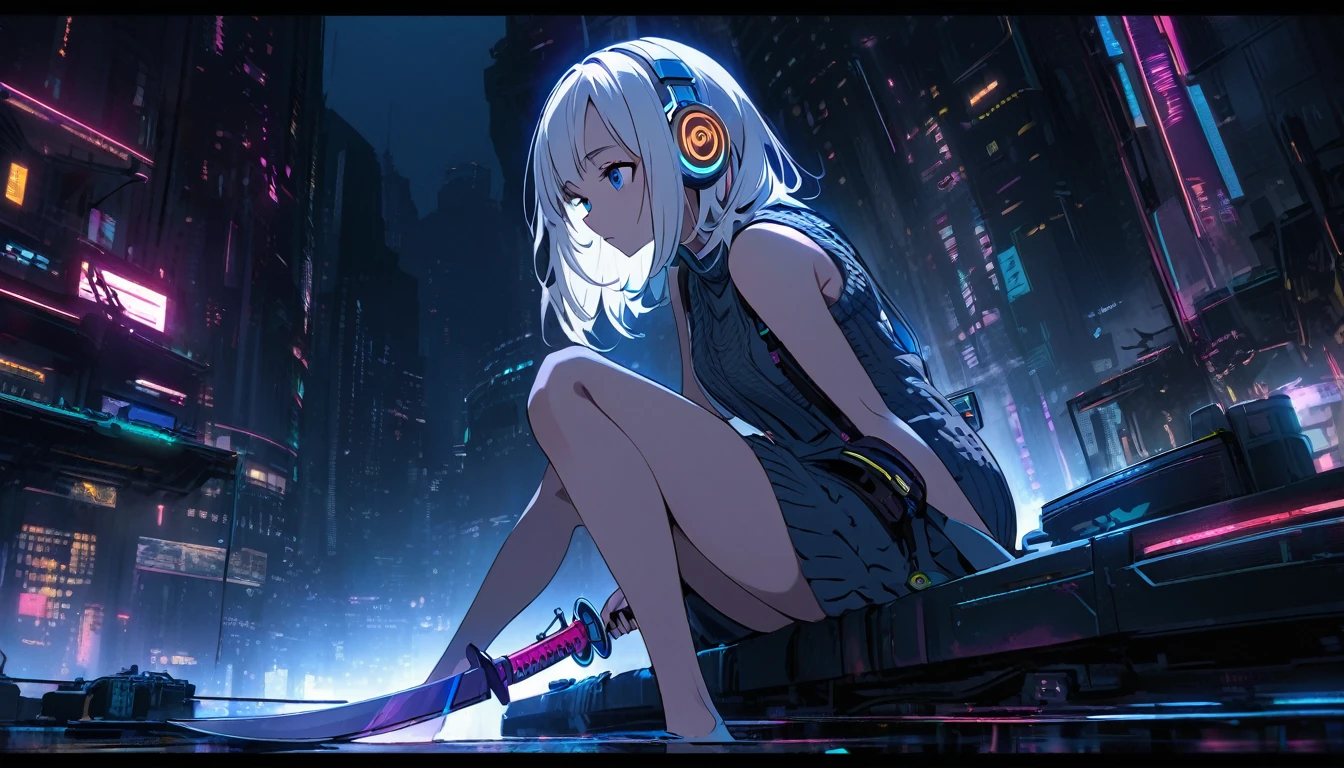 andsome cute, Solitary, 1 female, Medium Length Hair, white hair, Rainbow hair, blue Eyes, Rainbow headphone, knit dress, Futuristic, Cyberpunk, Cybernetics panoramic, in the night, looking away, Sitting,(holding (katana sword:1.2))
