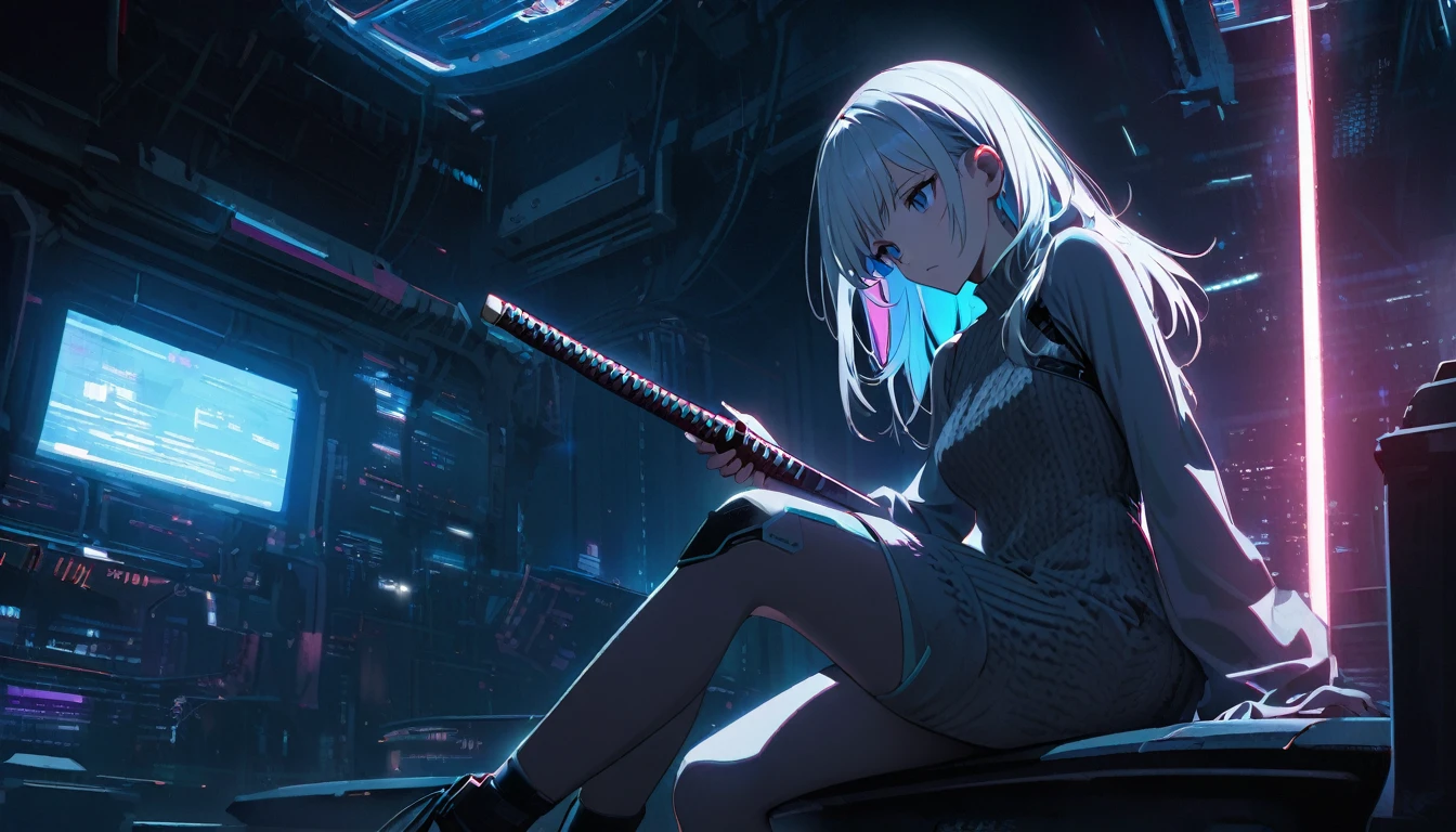 andsome cute, Solitary, 1 female, Medium Length Hair, white hair, Rainbow hair, blue Eyes, Rainbow headphone, knit dress, Futuristic, Cyberpunk, Cybernetics panoramic, in the night, looking away, Sitting,(holding (katana sword:1.2))