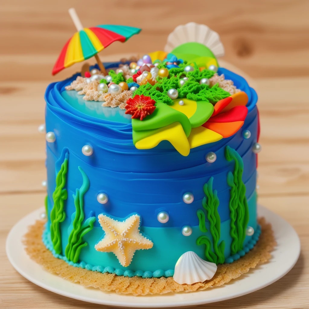 on a wooden table, there is a white plate with cake. blue cream cake. green cream in the form of seaweed. white pearls. shell and starfish made of polymer clay. yellow bread breading in the form of sand. colorful paper umbrella.  green bear on a red and yellow circle made of polymer clay. realistic style. reality texture. Detailed texture . high quality photo. bright lighting. beautiful light. High quality. a high resolution. macro photography. ultra hd 8k