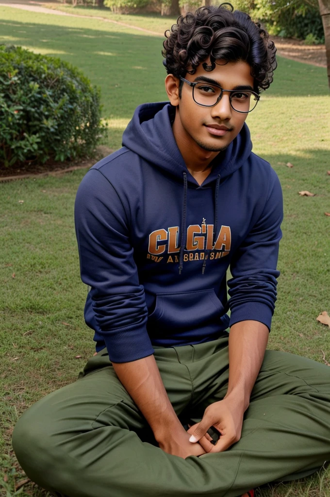 Tall handsome indian teenage boy wearing specs with curly hair and little bit facial hair wearing hoodies and cargo pants and sitting on grass smilling with little bit bulky nose and good jawline