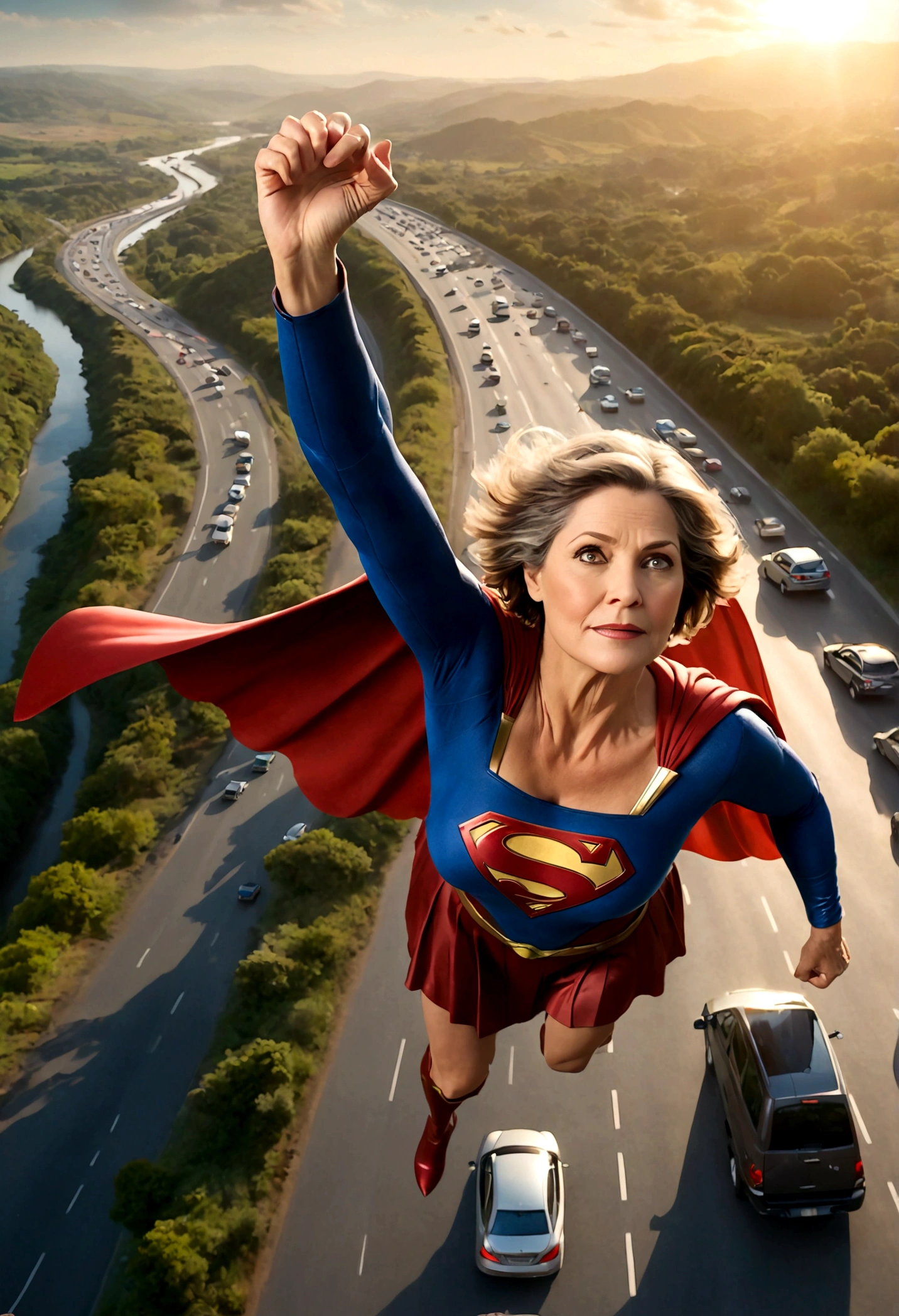 photo taken by a professional photographer; flying at super speed above a traffic jam; faster than a jet; old Lorraine Bracco busty((without glasses))) Supergirl (((70 years old; short hair))); floating above the Rio Grande do Sul 2024 highway; (heavy traffic; satellite view); superhero pose flying through the skies; Powerful, imposing, confident Supergirl; ruler of the heavens. 