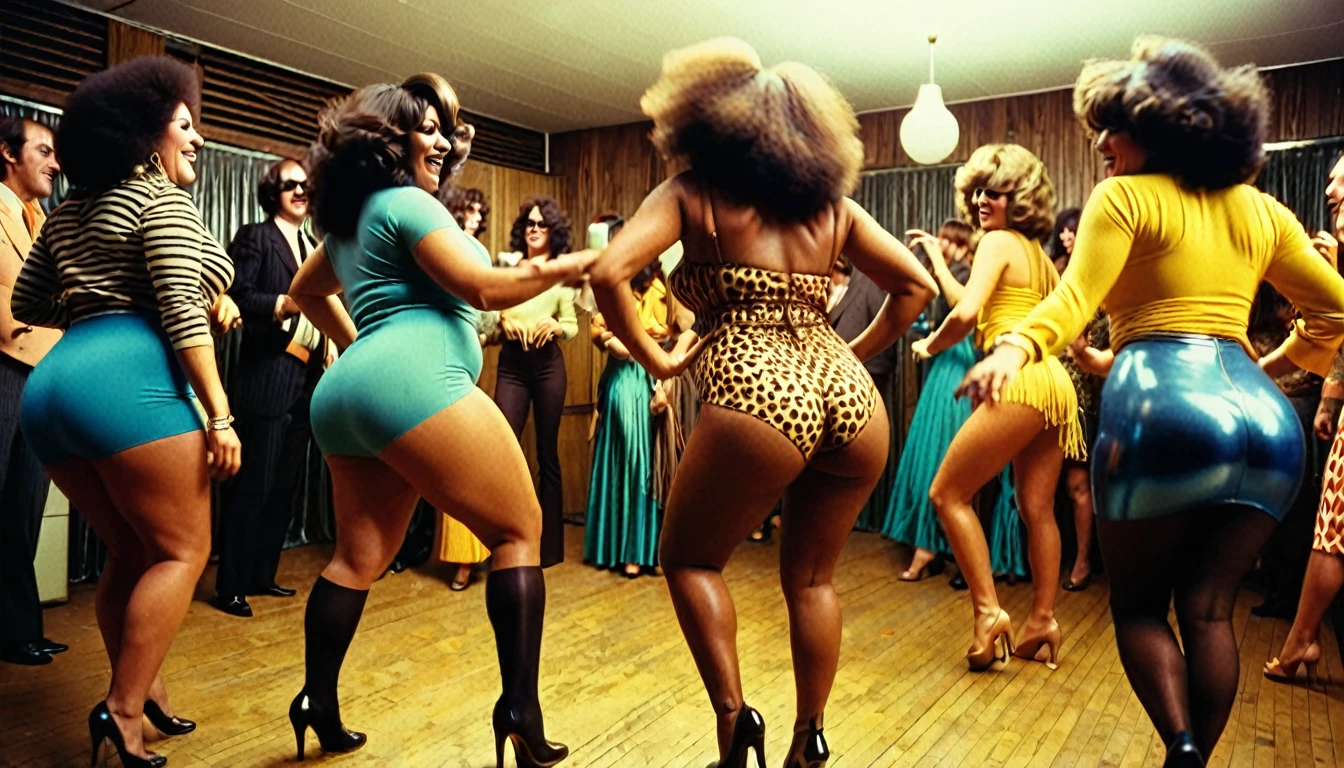 1970s party, beautiful multi-racial women with huge buttocks, dancing, 35mm, atmospheric perspective