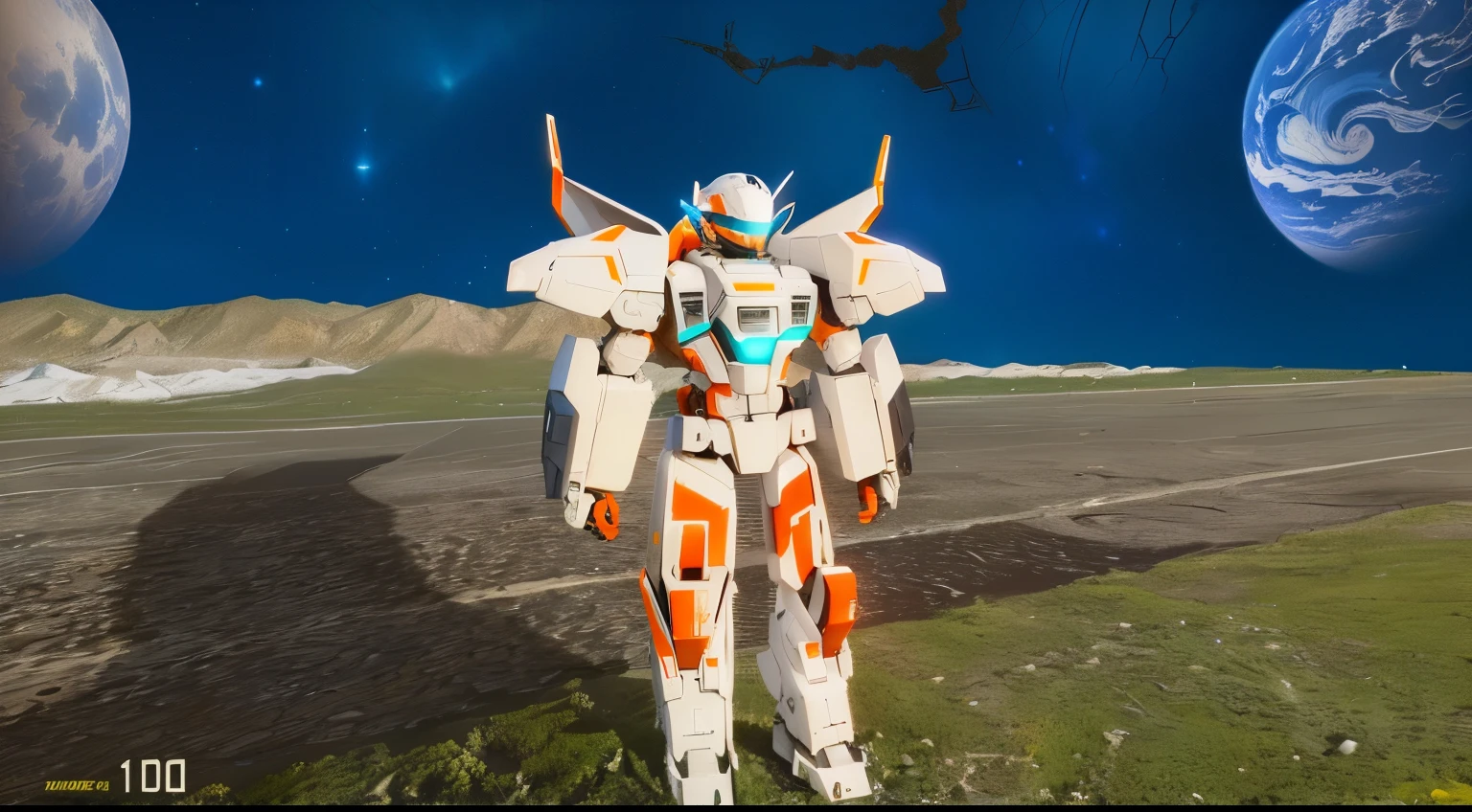 a white colored transformer with green inserts, symmetrically arranged orange parts, on the frontof the body not transparent cabin, on the back - aircraft's wings, arms from elbows to hands look like the front part of a car like from lamborghini, wheels are visible on the forearms, wheels are visible on the back of the knees, on the legs from knees to the ankle there are aircraft's repulsors and small aircraft's tail wings, dressed in a cloak with a metallic tint, no helmet, light blue eyes, instead of the right hand there is a built-in plasma pistol, an orange energy blade comes out of the wrist of the left hand, two legs, two arms, not a suit, composition on the metal planet, big metalic planet, dark-blue metal, shiny metal, cybertron, mechanical planet, empty wasteland, no buildings, no structures, dark blue storm clouds, light blue lightning from clouds, blue river, river to horizon, electrized river, light blue lightning from river, space sky, stars on the sky, realistic, watercolor, 4k, high quality, hight attention to details.