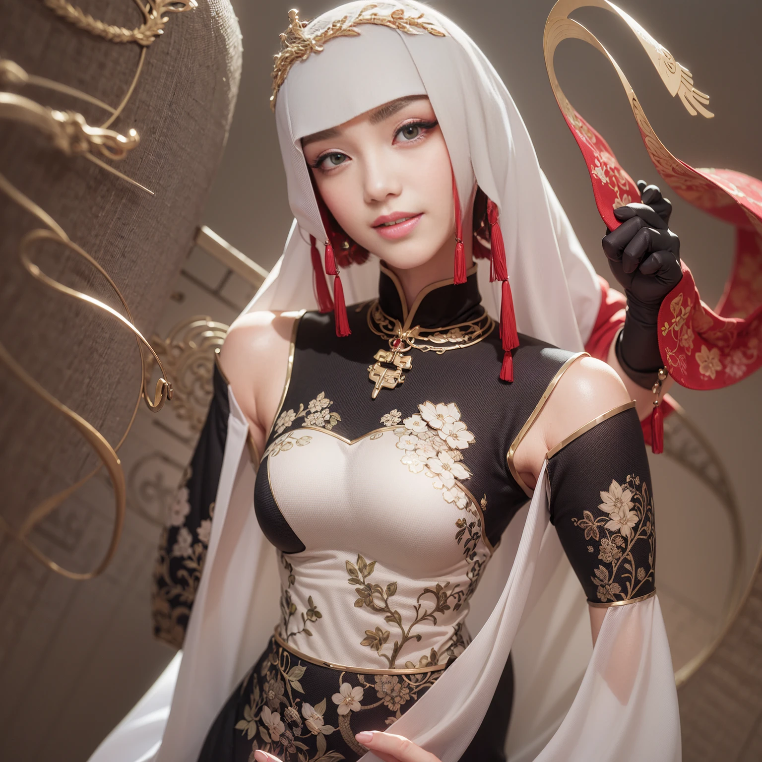 Arafi woman posing for a photo wearing a dress and gloves, elegant smile pose, beautiful girl model, Cute elegant pose, gorgeous chinese model, stunning elegant pose, beautiful model girl, gorgeous young korean woman, beautiful korean woman, elegant dress, smooth white tight clothing suit, beautiful asian girl, beautiful young korean woman, elegant fashion model, elegant japanese woman
