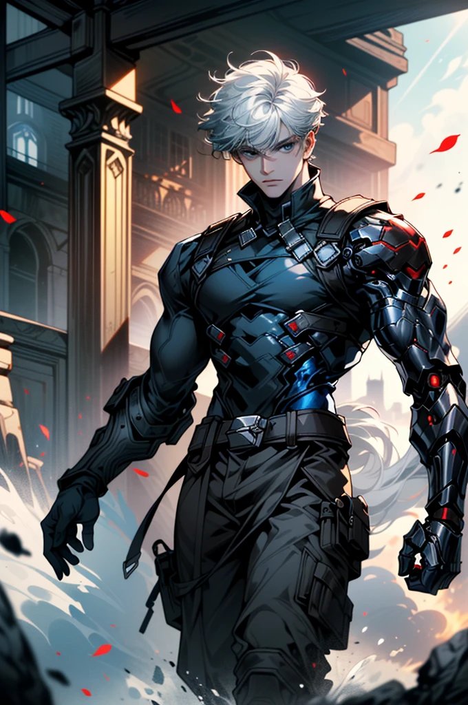 ((ultra detailed, masterpiece, absurdreBBarnes, 1boy, single mechanical arm, white hair, blue eyes, fantasy world, half body, Three red cores fixed on both forearms