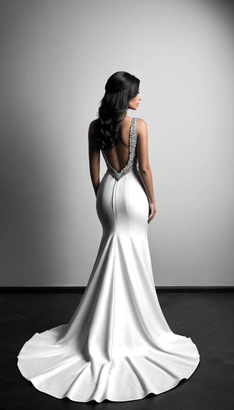 (best quality,4k,8k,highres,masterpiece:1.2),ultra-detailed,(realistic,photorealistic,photo-realistic:1.37),black and white photography, dark, underexposed, beautiful woman, back view,long ball gown,deep slit on the back,beautiful,sensual,mysterious,head down,long dark hair,full figure,full body photo