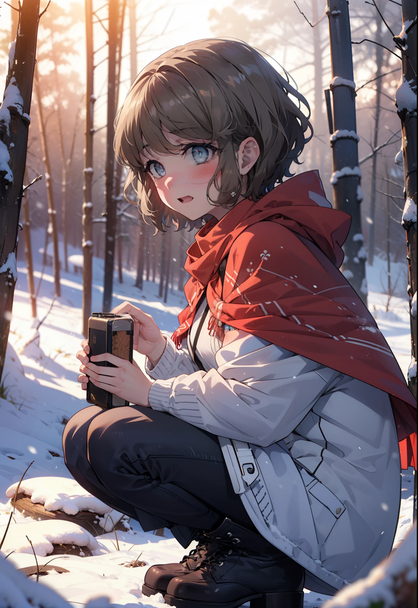 tomoekoga, Chie Koga, short hair, Brown Hair, blue eyes, hair band,smile,blush,White Breath,Mid-chest,
Open your mouth,snow,Ground bonfire, Outdoor, boots, snowing, From the side, wood, suitcase, Cape, Blurred, having meal, forest, White handbag, nature,  Squat, Mouth closed, Cape, winter, Written boundary depth, Black shoes, red Cape break looking at viewer, Upper Body, whole body, break Outdoor, forest, nature, break (masterpiece:1.2), highest quality, High resolution, unity 8k wallpaper, (shape:0.8), (Beautiful and beautiful eyes:1.6), Highly detailed face, Perfect lighting, Highly detailed CG, (Perfect hands, Perfect Anatomy),