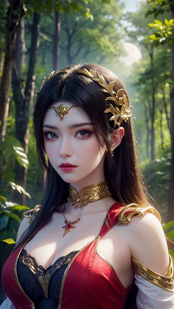 a close up of a woman in a dress posing in a forest, beautiful alluring anime woman, a beautiful fantasy empress, ((a beautiful fantasy empress)), ethereal beauty, beautiful fantasy maiden, fantasy beautiful, japanese goddess, beautiful fantasy art, beautiful goddess, trending on cgstation, 8k high quality detailed art, fantasy woman, beautiful maiden, moon goddess