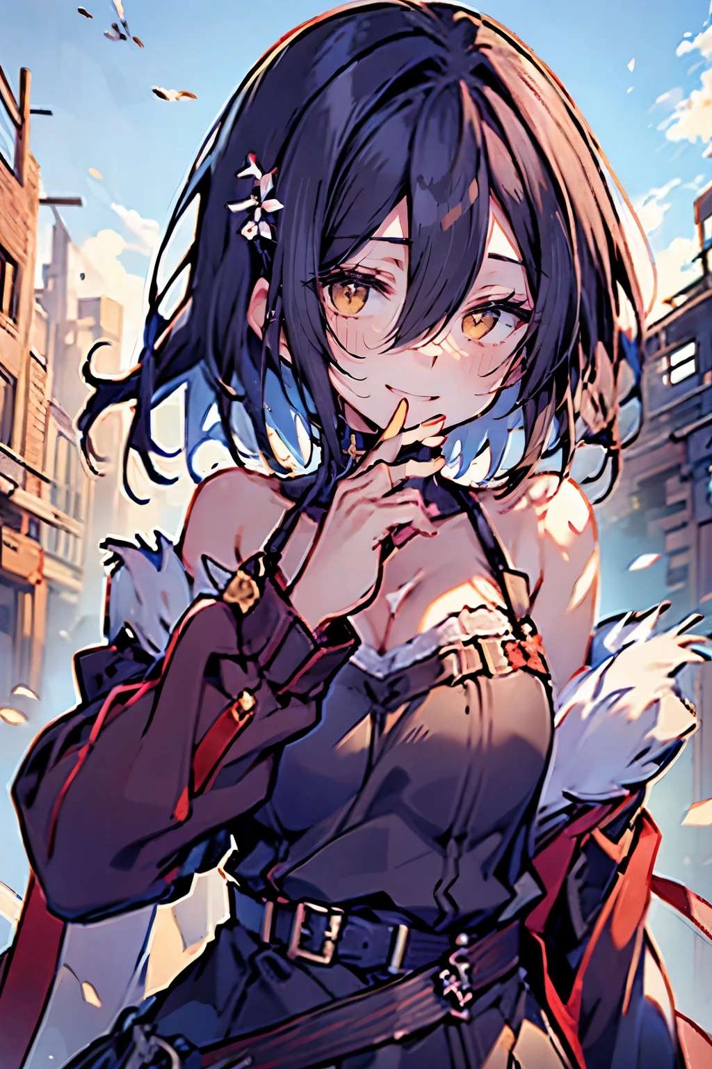 hui xiyi, rekkyo sensen, rekkyou sensen, girls with((black hair, tits cleavage, waving is hands, breasts close up, suspenders, dress, blue clothes, belt, frills shirt, knit sweater, camisole, exposed breasts, straps, ribbon, fur clothes, upper body, long hair, one side up, nun, monk clothes, long sleeves, perfect hands, perfect fingers)), background with((fantasy world, ruin, castle, beautiful sky, shining sky, sunshine))