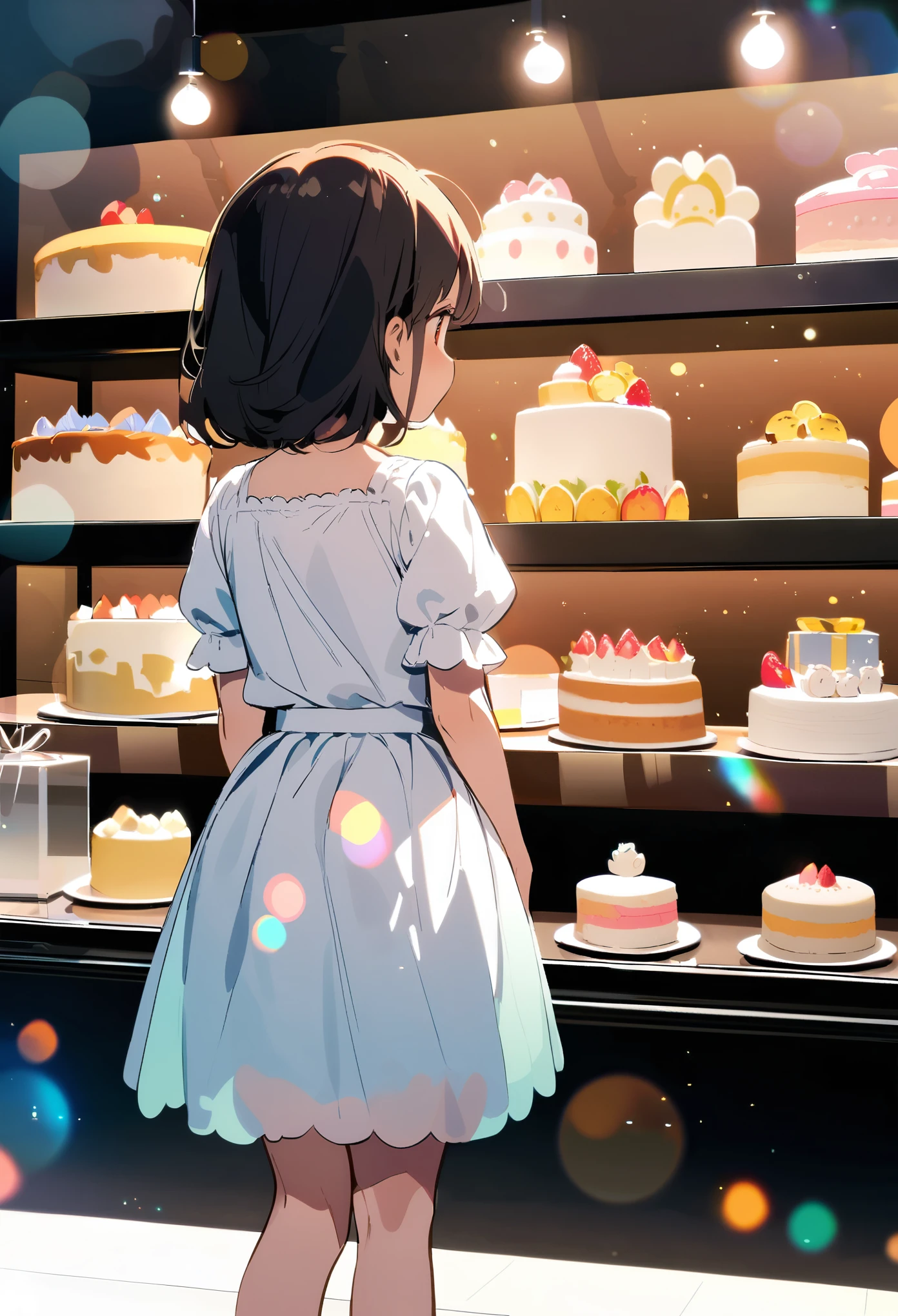 Girl looking into a shop window, Little Girl:1.2, Cake Showcase, Back view, (((White blouse, flare skirt, You can&#39;t see the skin on your back:1.4))), (Sticking to glass, Glass texture, reflection), Looking longingly, A digital illustration-like, gentle atmosphere, The expression is delicate and beautiful, Hot Contemporary Art, masterpiece:1.2