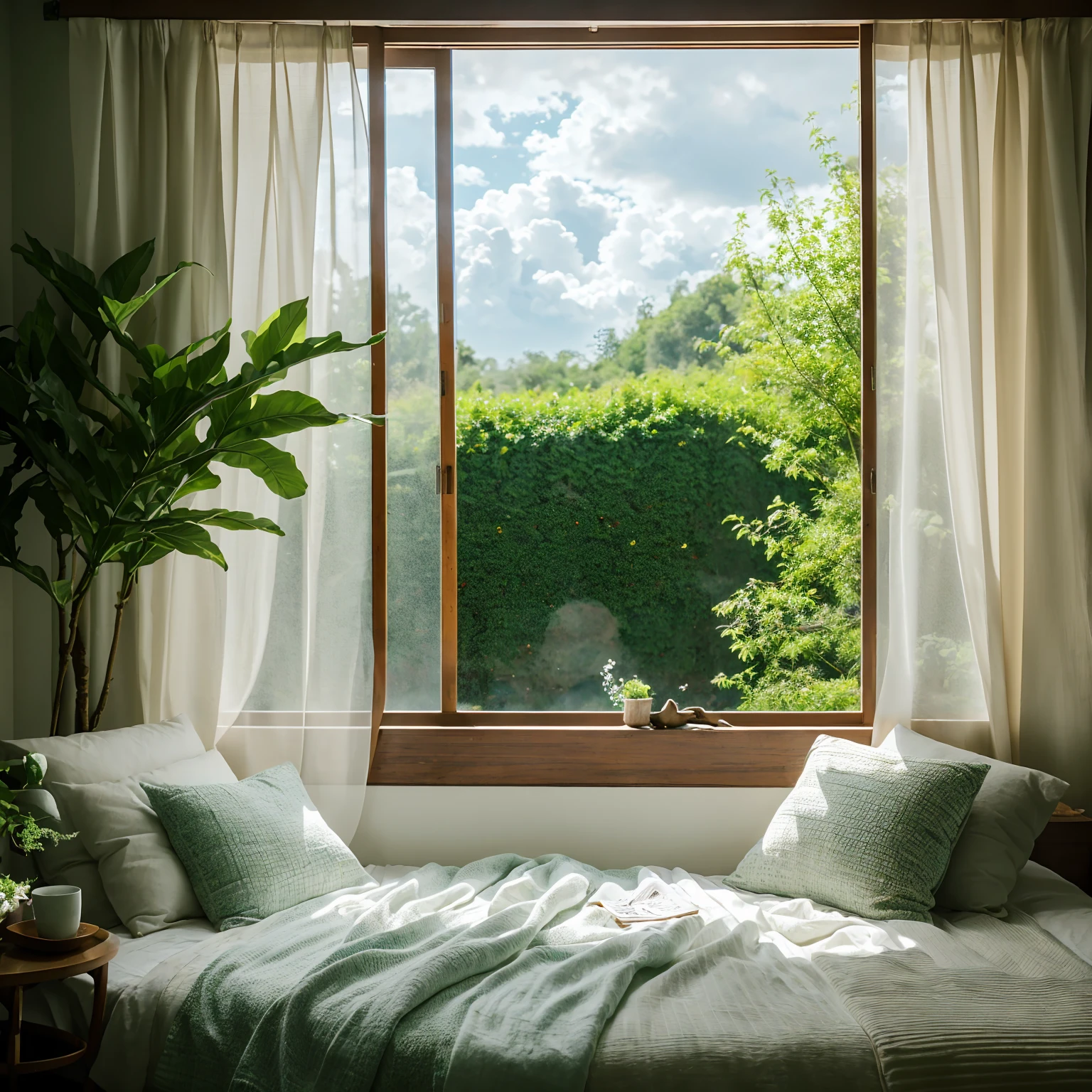 (highest quality,4K,8k,High resolution,masterpiece:1.2),Very detailed,(Realistic,photoRealistic,photo-Realistic:1.37),Portraiture,Korean Beauty,Fantasy,woman,Window seat,sleep,Open wooden window,beautiful window frame,cloudy,Soft sunlight,Cozy atmosphere,Comfortable bed,relax,peaceful,Calm,quiet,Gentle Breeze,Light Curtains,silhouette,Calm,appease,Delicate colors,Tranquility,Lush greenery,plants and flowers,fresh air,dream-like,elegant,Beautifully made bed,Cleanliness,elegant,Contemporary interior design,Calm ambiance,quietひととき,A moment's thought,Heavenly beauty.