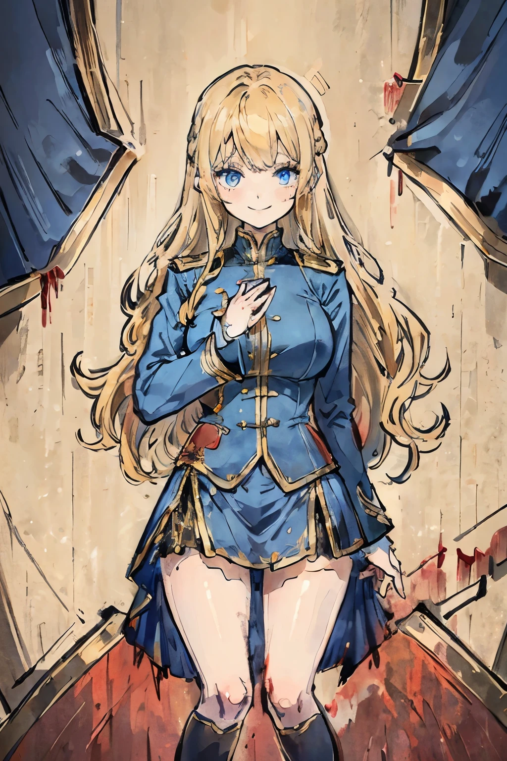 1girl, Full body, Description Girls, detail hands, Detail fingers, Detail Face, cute face, detail legs, overdetailed art, Fine details, blonde hair, wavy hair, long hair, blue eyes, smile, ((execution)), blue military uniform, ((bloody body))