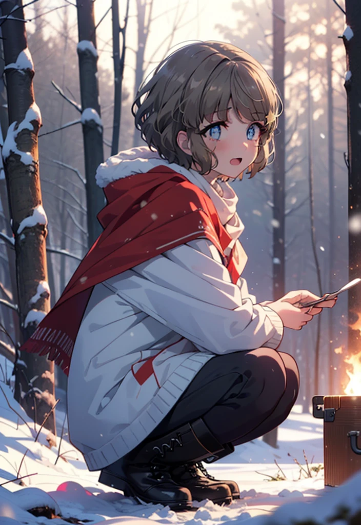 tomoekoga, Chie Koga, short hair, Brown Hair, blue eyes, hair band,smile,blush,White Breath,Mid-chest,
Open your mouth,snow,Ground bonfire, Outdoor, boots, snowing, From the side, wood, suitcase, Cape, Blurred, having meal, forest, White handbag, nature,  Squat, Mouth closed, Cape, winter, Written boundary depth, Black shoes, red Cape break looking at viewer, Upper Body, whole body, break Outdoor, forest, nature, break (masterpiece:1.2), highest quality, High resolution, unity 8k wallpaper, (shape:0.8), (Beautiful and beautiful eyes:1.6), Highly detailed face, Perfect lighting, Highly detailed CG, (Perfect hands, Perfect Anatomy),