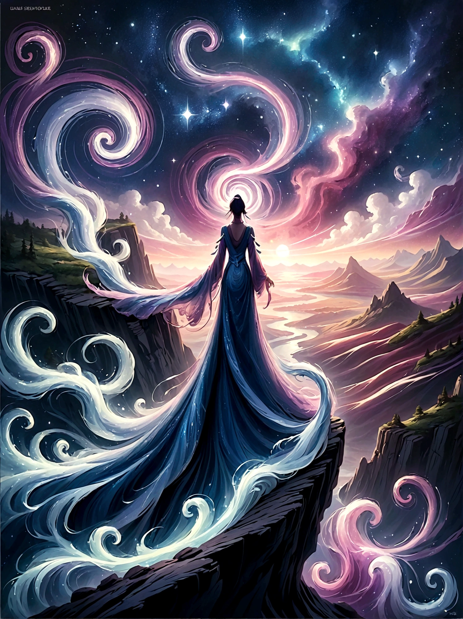 Look from the back，A man standing on a cliff，In a dreamy, hazy landscape，With your back to the audience，Surrounded by a vortex of cosmic energy，The back of a person wrapped in a flowing robe，Blending with the celestial currents，The sky is a tapestry of deep purples and blues，Dotted with stars，The scenery below vaguely shows the rolling mountains，This scene is peaceful and sublime，Capturing the majestic nature of the universe，A pensive figure stands in awe