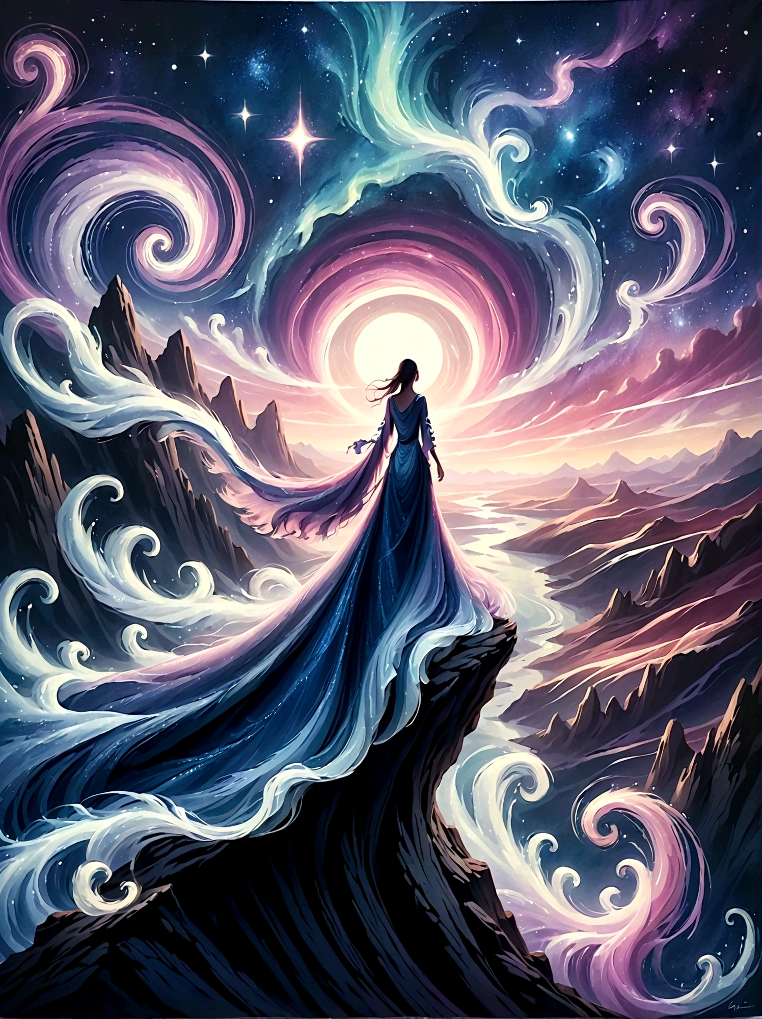 Look from the back，A man standing on a cliff，In a dreamy, hazy landscape，With your back to the audience，Surrounded by a vortex of cosmic energy，The back of a person wrapped in a flowing robe，Blending with the celestial currents，The sky is a tapestry of deep purples and blues，Dotted with stars，The scenery below vaguely shows the rolling mountains，This scene is peaceful and sublime，Capturing the majestic nature of the universe，A pensive figure stands in awe