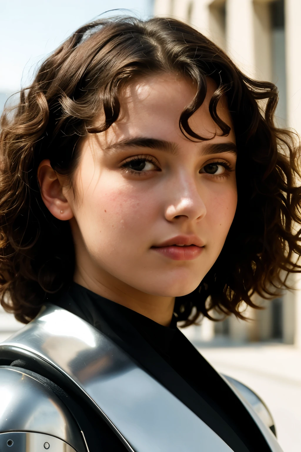 (a close-up of a beautiful 15 year old girl on a 30th century street in a futuristic dress), (serious:0.5), (rosto altamente detalhado:1.4), ass pov, Nikon D850, fotografia de estoque de filme, 4Kodak Portra 400, f1 camera.6 lentes, cores saturadas, hiper-realista, textura realista, dramatic lighting, Cinemastill 800, Estilo futurista, dia ensolarado, Vintage lighting, medium curly hair