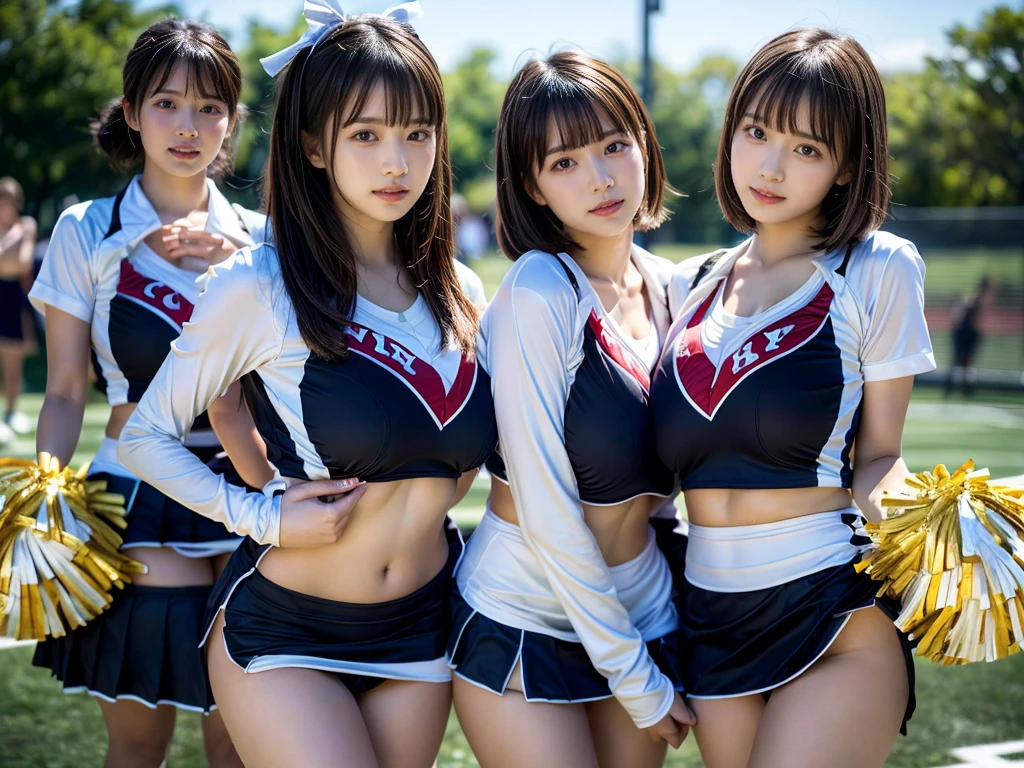(RAW photo, 4k, masterpiece, high resolution, extremely complex) (realistic: 1.4), cinematic lighting
 ((2 girls, 2 schoolgirls)),blushing,((innocent)),bright eyes,round eyes,blunt bangs,(short bob hair:1.3),black hair,large breasts,wide hips,Summer Noon, ,Hot, (Best Quality), (Highres), (an Extremely Delicate and Beautiful),(Beautiful 8k face),(Brown eyes),( spectators),(gigantic breasts),(Play with each other,Touching each other's bodies,Touching the body),(cheer girl:1.5),(a miniskirt),(reality),bright lighting,(The background is a luxury hotel room)