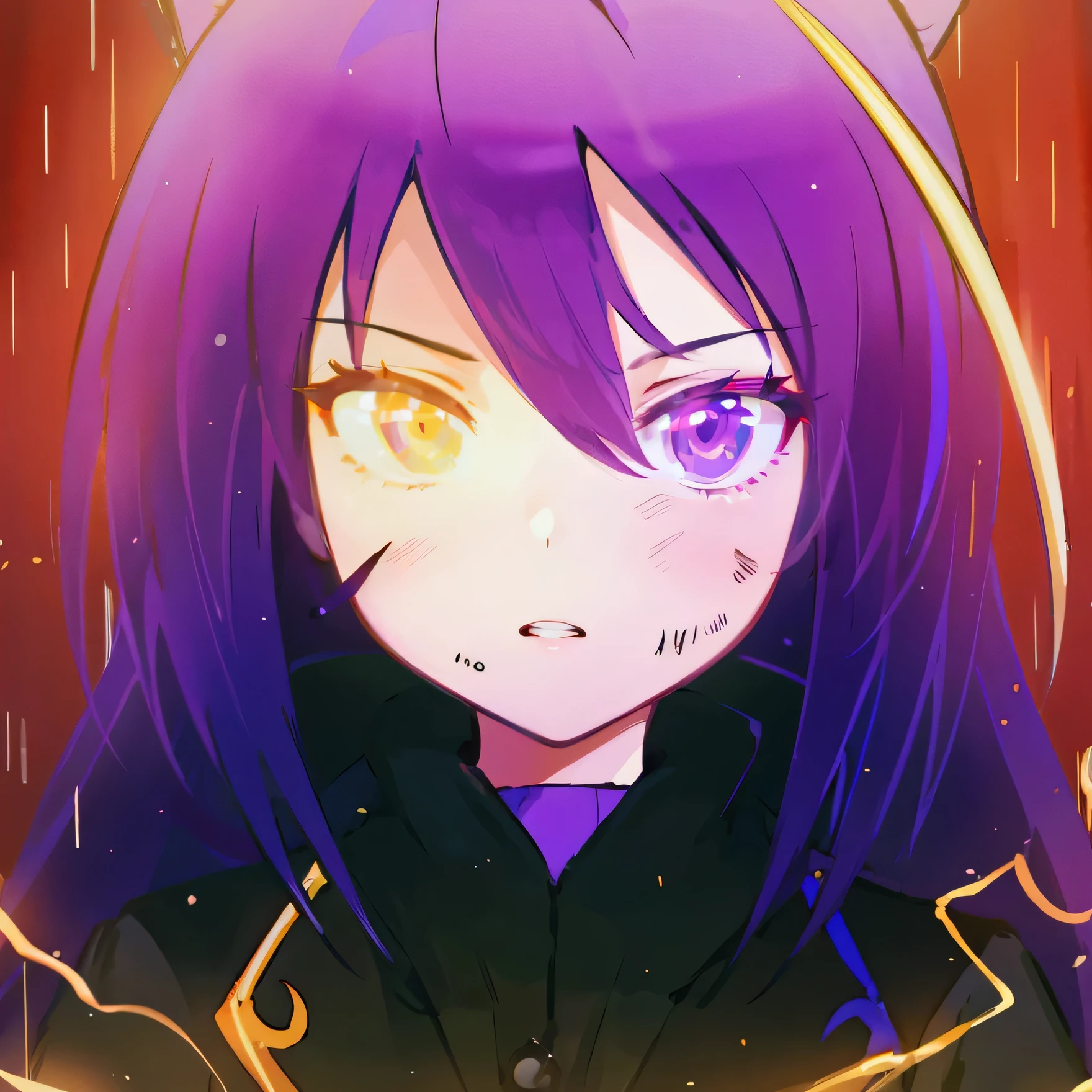1 woman, black jacket, long purple hair, burning eyes, anime, realistic, 4k