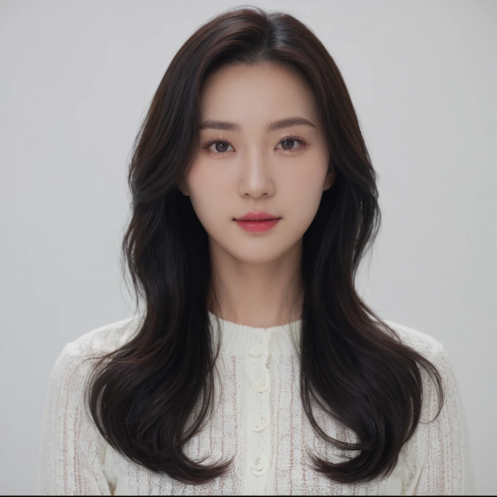 Best Quality, 8k, Masterpiece, (Portrait: 1.3), (photo realistic:1.4), (hyper realistic:1.4), Sharp Focus, looking at viewer, (smoother lighting:1.1), (increase cinematic lighting quality:0.9), realistic lighting, backlighting, light on face, ray trace, (brightening light:1.2), (Increase quality:1.4), sharp detail, (best quality real texture skin:1.4), finely detailed eyes, black_eyes, finely detailed face, 25 year old Korean woman, (white formal_shirt:1.4), (Create an image maintaining the original base model hairstyle:1.5)