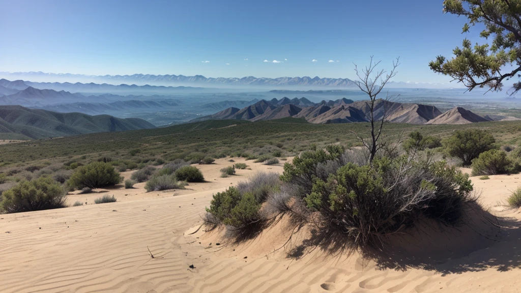Um deserto de pedras, existem montanhas no horizonte, you are at the base of the mountains, there a black tree, silver drips from the tree's green buds, liquid metal drips down the branches, hardening around the roots like sparkling ice.