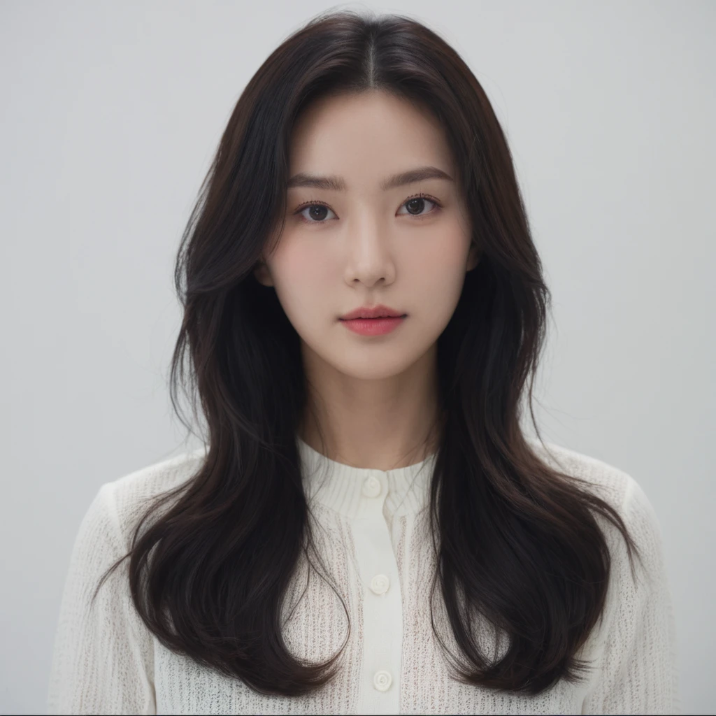Best Quality, 8k, Masterpiece, (Portrait: 1.3), (photo realistic:1.4), (hyper realistic:1.4), Sharp Focus, looking at viewer, (smoother lighting:1.1), (increase cinematic lighting quality:0.9), realistic lighting, backlighting, light on face, ray trace, (brightening light:1.2), (Increase quality:1.4), sharp detail, (best quality real texture skin:1.4), finely detailed eyes, black_eyes, finely detailed face, 25 year old Korean woman, (white formal_shirt:1.4), (Create an image maintaining the original base model hairstyle:1.5)