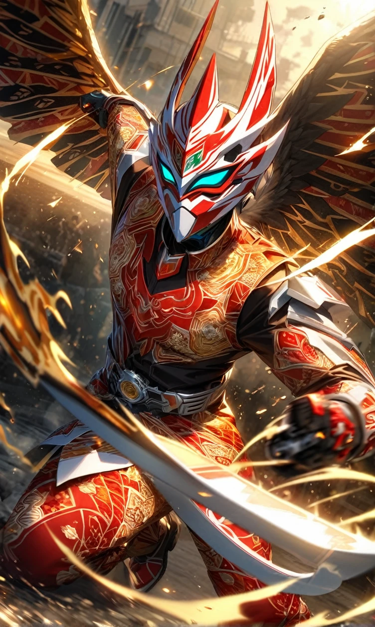absurdres, highres, ultra detailed, HDR, masterpiece, extremely detailed face and eyes,Indonesian Kamen rider,Epic wings,red and white Garuda Kamen rider costume, Garuda Kamen rider mask, , Indonesia batik pattern , solo, man, handsome, ,, , Epic fight scene, golden splashing effect, golden effect,glowing glitters