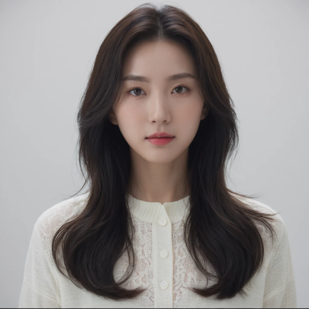 Best Quality, 8k, Masterpiece, (Portrait: 1.3), (photo realistic:1.4), (hyper realistic:1.4), Sharp Focus, looking at viewer, (smoother lighting:1.1), (increase cinematic lighting quality:0.9), realistic lighting, backlighting, light on face, ray trace, (brightening light:1.2), (Increase quality:1.4), sharp detail, (best quality real texture skin:1.4), finely detailed eyes, black_eyes, finely detailed face, 25 year old Korean woman, (white formal_shirt:1.4), (Create an image maintaining the original base model hairstyle:1.5)