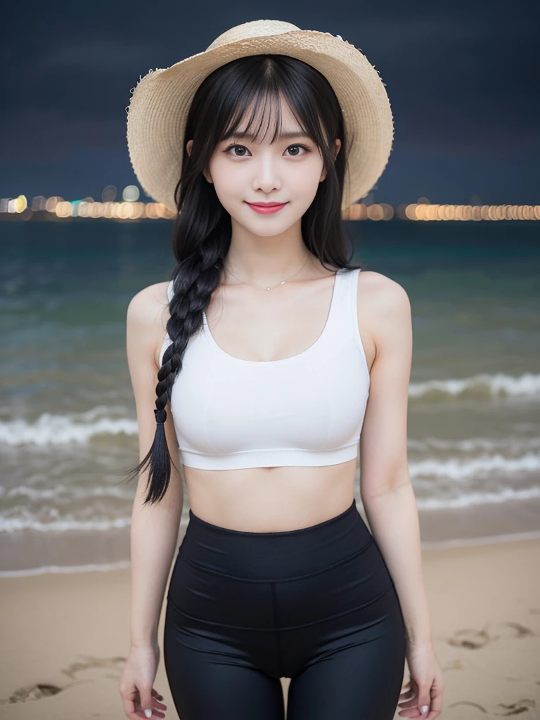 highest quality, masterpiece, 1 girl , , short, Big , Gray hair, Double low braids, Purple eyes, Yukinekris, Thin double braids,, Beach, Ocean, nude, nude, nude, Straw hat , (((shy ) ) ), (Happiness), summer, From above, Reaching out, smiling, Actual photo, (A beautiful woman:1.33), beautiful expression, (couple delicate eyes:1.3), (delicate face:1.3 ), Smile, (shiny hair:1.2), Super detailed, high resolution, Sporty look, (big breasts:1.25), (hair long:1.2), (beautiful woman), (cute navel:1.2), (depth of field f/1.8:1.45), sharp focus, original photo, (thin black shirt:1.45), ( nude, (nude), (sports bra:1.4), (Thick thighs:1.5), (Forward facing:1.25), (cowboy photo:1.4), (Night sports:1.4), (negative hairy religion),
