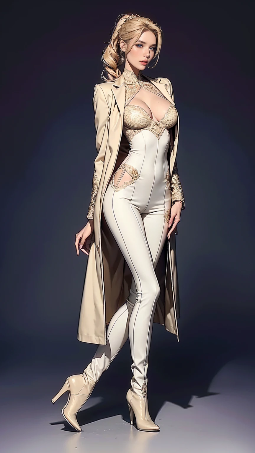 (Best quality, 4K, high resolution, masterpiece:1.2), ultra-detailed, realistic (photo-realistic:1.37), 40 years old, Russian woman, Matriarch of the Russian Mafia Gang, ambitious, elegance, calm, charming, intimidate, (blonde hair, power ponytail hairstyle), perfect lash, perfect makeup, sun-tan skin, expressive blue eyes, wine lips, mature woman charms, seductive allure, perfect hourglass body shape, long toned legs, flat abs, perfectly round E cup breasts, very Tall, slim, with peachy hips, ((Wearing elegance beige Vicuña coat and matching white pants)), ((long lacquer high heel Boots)), Background featuring luxurious penthouse, ((intricate detail)), super finely detailed hands, ultra finely detailed fingers(((ten fingers))), (standing still), ((full body showcase)), ((show full body))