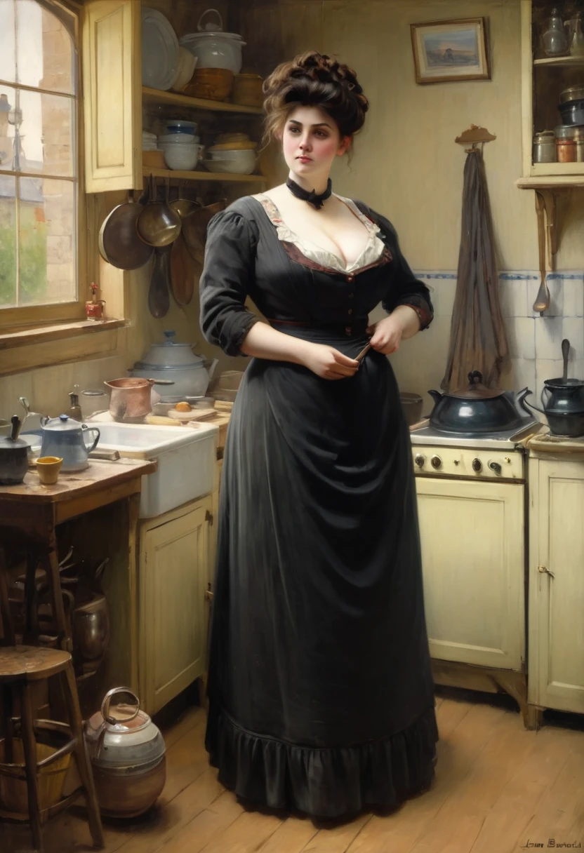Full body shot of A voluptuous buxom pretty 1880 western frontier farmwife widow standing in front of a window in her kitchen, updo hairstyle , brown hair, by Jean Béraud, inspired by Jean Béraud, inspired by Édouard Detaille, edouard leon cortes, inspired by Ivan Kramskoi, inspired by Jean-Louis-Ernest Meissonier, by Édouard Detaille, inspired by Paul Émile Chabas