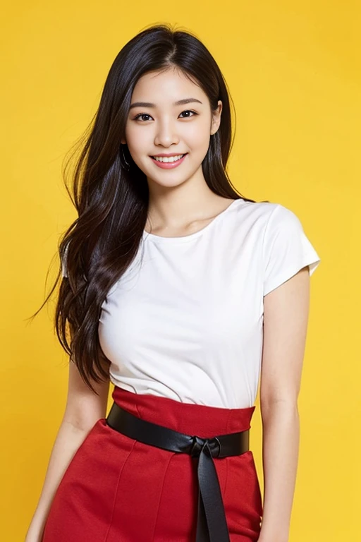 a gorgeous lady, age 22, white T-shirt and red skirt, black belt, dimpled smile, beautiful hairstyle, in a natural pose, photorealistic, beautiful detailed eyes, ample round bosom, hyper-realism, high contrast, ultra HD, realistic skin textures, top image quality, top-quality, super high resolution, fine details, very meticulously, simple yellow background