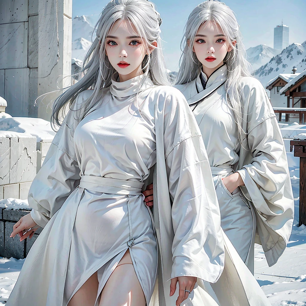 Reality, high resolution, 1 female, Solitary, Hip lift, Look at the audience, (Delicate face), white hair, Winter Clothing, Tattoo, Jewelry