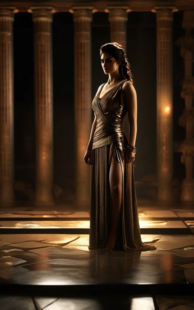 movie film shot, spartacus movie still, female sparta, background dark, hyper realistic, ultra detailed hyper realistic, photorealistic, Studio Lighting, reflections, dynamic pose, Cinematic, Color Grading, Photography, Shot on 50mm lens, Ultra-Wide Angle, Depth of Field, hyper-detailed, beautifully color, 8k, Detailed background, dark light, twilight lighting, Volumetric lighting, intricate details, ultra high definition,